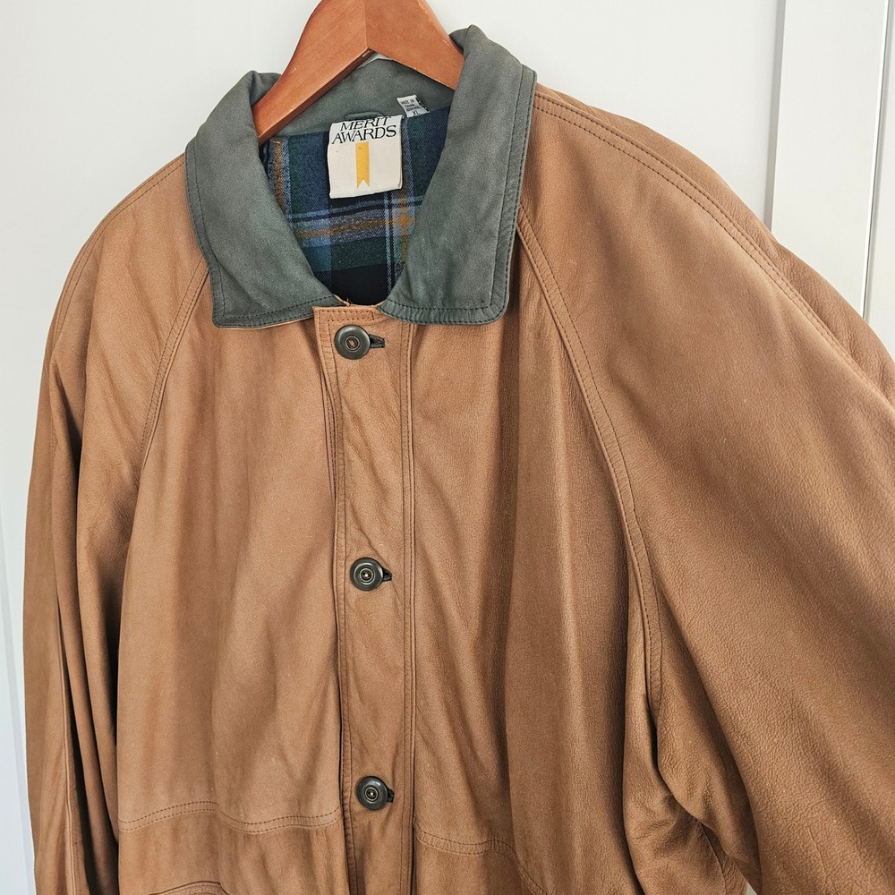 VTG Merit Awards Mens XL Suede Tan Leather Chore Jacket Flannel Lining Barn Coat - Picture 4 of 11